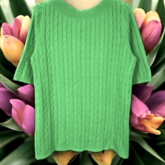 Talbots Kelly Green Cable Knit Sweater Elbow-length sleeves. Jewel necklines XS - Picture 3 of 4